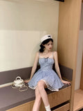 Girlary Bow Tie Lace Polka Dot Suspender Dress for Women's Summer French Sweet Short Blue Waist A-line Dress New