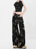 Girlary Women's Black Gothic Y2k Flower Print Jeans Baggy 90s Denim Trousers Vintage Emo Jean Pants Japanese 2000s Style Trashy Clothes