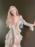 Girlary Spring and Autumn New Women's Sexy Ruffled Long Sleeve Shoulder Irregular Dress