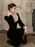 Girlary French Elegant Black Lace Velvet Dress Autumn Women Long Sleeve Square Collar Slim Bodycon Vestidos Vintage Birthday Party Robe