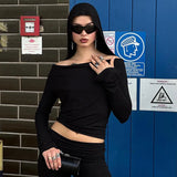 Girlary Y2k 2000s Hooded Crop Tops Long Sleeve Tees Black T Shirts Fall Trending Clothes for Women Streetwear