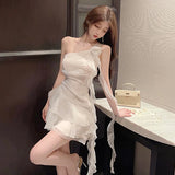 Girlary Party Mini Dresses Women Sexy Sleeveless Ruffles Ribbon Irregular Backless Slim Sweet Elegant Dress Ladies Club Fashion