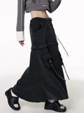 Girlary Women‘s Detachable Design Loose Cargo Denim Skirt Multiple Pockets Elastic Waist Drawstring Female Black Gray A-line Long Skirt