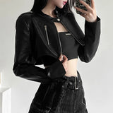 Girlary Goth Dark Zipper Cyber Gothic Y2k Crop Jackets Grunge Punk Style Faux Leather Coats Female Fashion Streetwear Irregular Hem Coat