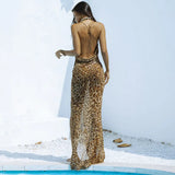 Girlary Leopard Print Beach Dress Women Sexy Spaghetti Strap Sheer Long Dresses Summer Backless Club Party Dress 2024 Bikini Cover Up