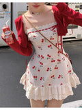 Girlary 2024 New Red Casual Crop Tops Cardigan Sweet Lace Y2k Mini Dress Party Sexy Strap Dress Korean Fashion Suit Woman Autumn Chic