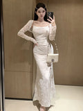 Girlary Sexy Women Elegant Slim Lace Dress Backless Bodycon Vintage Casual Evening Party Dresses Female Fashion Long Robe Clothes Autumn