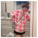 Girlary Winter Japanese Coats Korean Fashion Kawaii Lambswool Coats Pink Heart Women Faux Fur Teddy Jackets Outerwear Female Overcoat