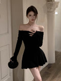 Girlary Autumn Sexy Off Shoulder Mini Dress Wonem Long Flare Sleeve A-line Slim Fit Pleated Clothing Fashion Sexy Party Prom Mujer