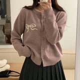 Girlary Korea Chic Spring Bow Embroidery Knitted Cardigans Women 2024 New Fashion Single Breasted O-neck jacquard Sweater Knitwear Coat