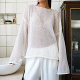 Girlary White Oversize Thin Knitted Pullovers Women Summer Knitwear T Shirts Red Loose Sweaters Trumpet Sleeves Transparent Sweater 2024