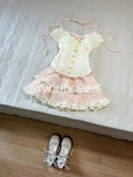 Girlary New Japanese Kawaii Sweet Elegant  2 Piece Set Women Lace Up Vintage Kawaii Set Female Y2k Princess Mini Skirt Suit