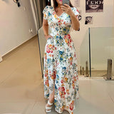 Girlary Women Elegant Floral Print Long Party Dress 2025 Fashion Pockets Holiday Dress Sexy V-neck Short Sleeve Button Bohemian Dresses