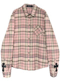 Girlary Pink Plaid Shirt Women Cross Button Up Blouses Female High Street Long Sleeve Tops Hippie Autumn Oversize Streetwear Ins