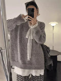 Girlary Women's Lace-up Grey Pullover Knitted Sweater Harajuku Y2k Long Sleeves V-Neck Sweater Jumper Vintage 2000s Aesthetic Clothes