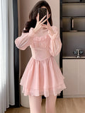 Girlary Women Pink Patchwork Chiffon Chic Ruffled Short Dress Spring Elegant Diamonds Kawaii Dress 2024 Korean Fashion Bodycon Vestidos