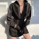 Girlary Fashion Lapel Commute Pleated Slim Shirt Dress Elegant Solid Color Long Sleeve Dress Lady Spring Satin Irregular Slim Mini Dress