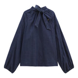 Girlary Denim Shirts Women Bow Bandage Puff Long Sleeve O Neck Button Vintage Fashion Ladies Blouse Elegant Tops Casual