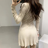 Girlary Knitted Pleated Mini Dress Women Vintage Black Sweater Dresses Winter Korean Elegant Long Sleeve Pink Bodycon Vestidos New