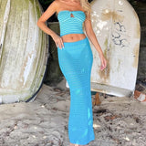 Girlary Boho Beach Holiday 2 Piece Set Striped Knitted Chest Wrap Crop Top Strapless Camis + Long Skirts Chic Women Outfits