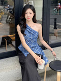 Girlary Women Holiday French Style Unique Retro Blue Checkered Tank Top Tight Waist Slim Fit Test Split Sleeveless Top