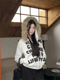 Girlary cute winter outfits Korean High Street Retro Letters And Fluffy Collar Gray Cardigan Women's Y2K New Harajuku Goth Slim Casual Joker Zipper Hoodie