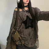 Girlary Y2K Grunge Grey Star Tshirts Women Gyaru Vintage Beige Long Sleeve T Shirts Hollow Out Oversize Gothic Distressed Tops