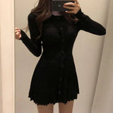 Girlary Knitted Pleated Mini Dress Women Vintage Black Sweater Dresses Winter Korean Elegant Long Sleeve Pink Bodycon Vestidos New