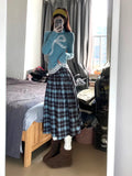 Girlary Women Vintage Korean Mori Girl Outfits 2 Piece Set Long Sleeve Lace Turtleneck Jumper + A-line Mid Long Plaid Pleated Skirts