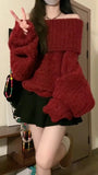 Girlary Women Red Pullover Knitted Sweater Harajuku Y2k Long Sleeves Slash Neck Sweater Jumper Vintage 2000s Aesthetic Clothes 2024