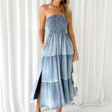 Girlary Sexy Backless Strapless Dresses Summer Women Fashion Denim Dress New SLeeveless Elastic High Waist Elegant Maxi Hem Split Dress