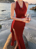 Girlary Sexy Red Halter Womens Dresses Elegant Backless V-Neck Bodycon Wedding Evening Party Long Dress Summer Spring Slim Vestidos New