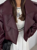 Girlary Women Retro Burgundy Leather Short Jacket Fashion Big Lapel Full Sleeves Pocket Loose Coats Lady Autumn Chic High Street Outwear