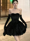 Girlary Sexy Black Velvet Womens Dresses Y2K Strapless Birthday Party Mini Dress Korean Slim Waist A-Line Short Vestidos Female Clothing