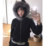 Girlary New Fur FPatchwork Fashion Sweatshirts American Vintage Punk Women Coats Popular Zipper Casual Hoodies Y2k Aesthetic Clothes