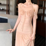 Girlary New Elegant Fashion Summer Pleats Dresses for Women Drawstring Evening Party Korean Pink Bodycon Female Clothing