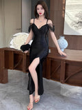 Girlary Dresses Women Sleeveless Slash Neck Off Shoulder Patchwork Split Slim Sexy Elegant Party Dress Ladies Temperament