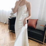 Girlary White Satin Party Dress Sexy Sleeveless Women Casual Holiday Solid Elegant Chic Dress Club Outfit Summer Long Dresses