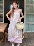 Girlary Sweet Boho Dress Women Summer Holiday Lace Floral Dresses Casual Vintage Spaghetti Strap Sleeveless Sundress