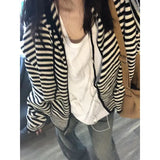 Girlary Vintage Striped Sweaters Cardigan Women Casual Korean Style Zip Up Knitwear Harajuku Loose Black White Knitted Coats