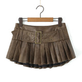 Girlary Korean Fashion Faux Leather Skirts For Woman Mini Skirts Low Waist Summer Vintage PU Leather Pleated Skirt With Belt Brown