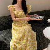 Girlary 2024 Vintage Floral Midi Dress Women Sweet Print Square Neck A Line Dresses Korean Vacation Yellow Flying Sleeves Slim dress