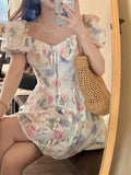 Girlary Summer New Korean Ins Square Collar Sexy Puff Sleeves Floral Holiday Short Dress Ladies dresses women