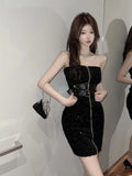 Girlary Women Sequin Zipper Strapless Dresses Short Summer Slim Waist Double Belt Mini Dress Sexy Evening Party Vestidos