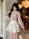 Girlary Fashion Sweet Pink Sailor Collar Bow Long Sleeve Tops+Y2K High Waist Ruffles A-line Mini Skirts Autumn New Two Piece Sets Women