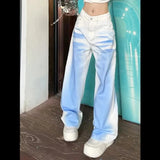 Girlary Women's Tie Dye Wide Leg Jeans Denim Pants Button Baggy Trousers Plus Size White Blue Hip Hop Retro High Street