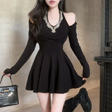 Girlary Winter New Women Dress Mature Halter Neck Hot Fix Rhinestone Design Long Sleeve High Waist Slim A Line Mini Dress