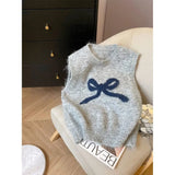 Girlary Knitted Sweater Vest Women Clothing O-neck Sleeveless Bow Waistcoat Y2k Tops Causal Fashion Vintage Crop Tanks Ropa Mujer