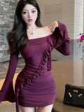 Girlary Mini Dresses Women Elegant Diagonal Collar Slim Flare Long Sleeve Ruffles Sexy Ruched Party Dress Ladies Clubwear