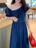 Girlary Summer Off Shoulder Ruffle Collar Long Denim Dress Women High Waist A-line Midi Sundress Female